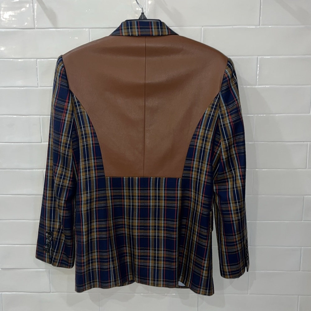 PushBUTTON Plaid Blazer Leather Like Back Panel Tartan size XS 36 Euro Suit